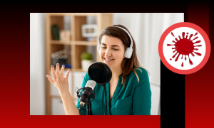 woman speaking at microphone with SinC logo