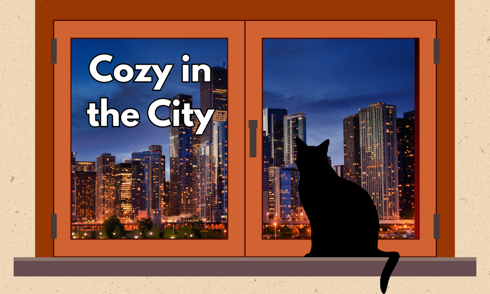 cat sitting on a window sill looking at a cityscape